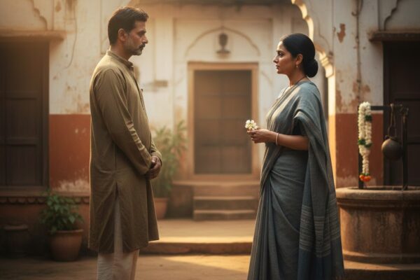 अनकहे प्रेम का भाव दर्शाता एक शांत दृश्य, जहाँ दो लोग बिना बोले आँखों से गहरा भाव साझा कर रहे हैं, वातावरण में मोगरे की हल्की सुगंध और कोमल शांति व्याप्त है।