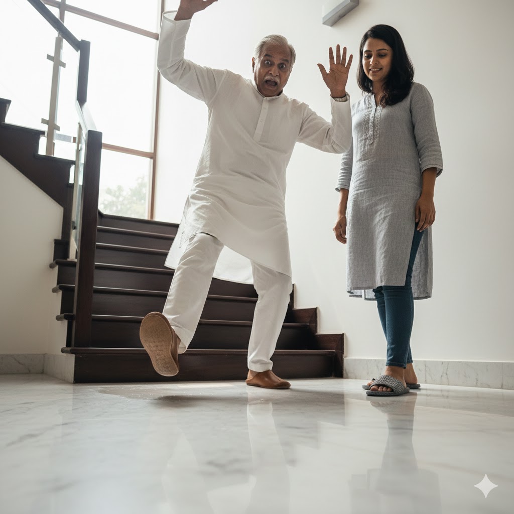 मार्बल फर्श पर फिसलने का खतरा