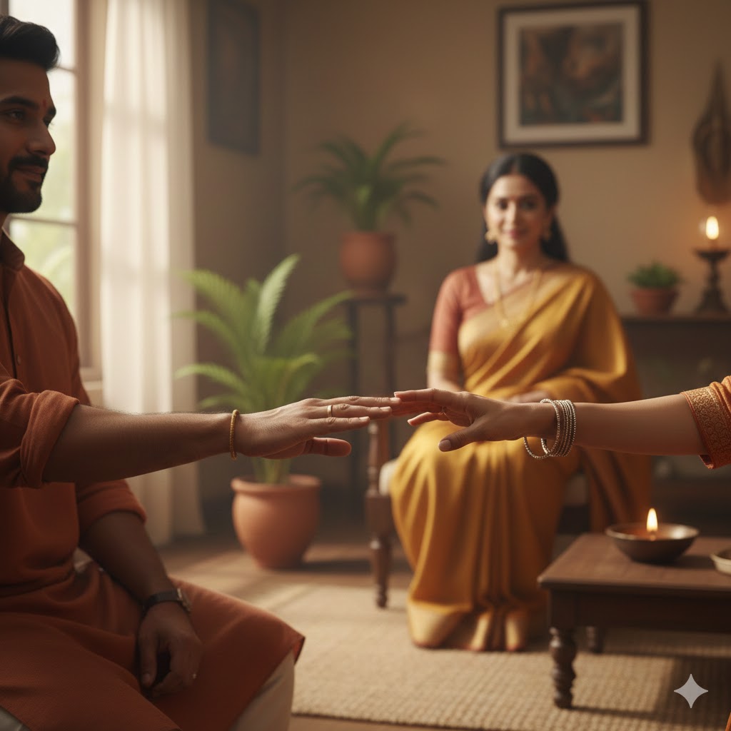 Softly lit close-up of two Indian hands gently reaching toward each other without touching, expressing emotional connection, trust, and respectful intimacy in a calm, warm-toned setting.