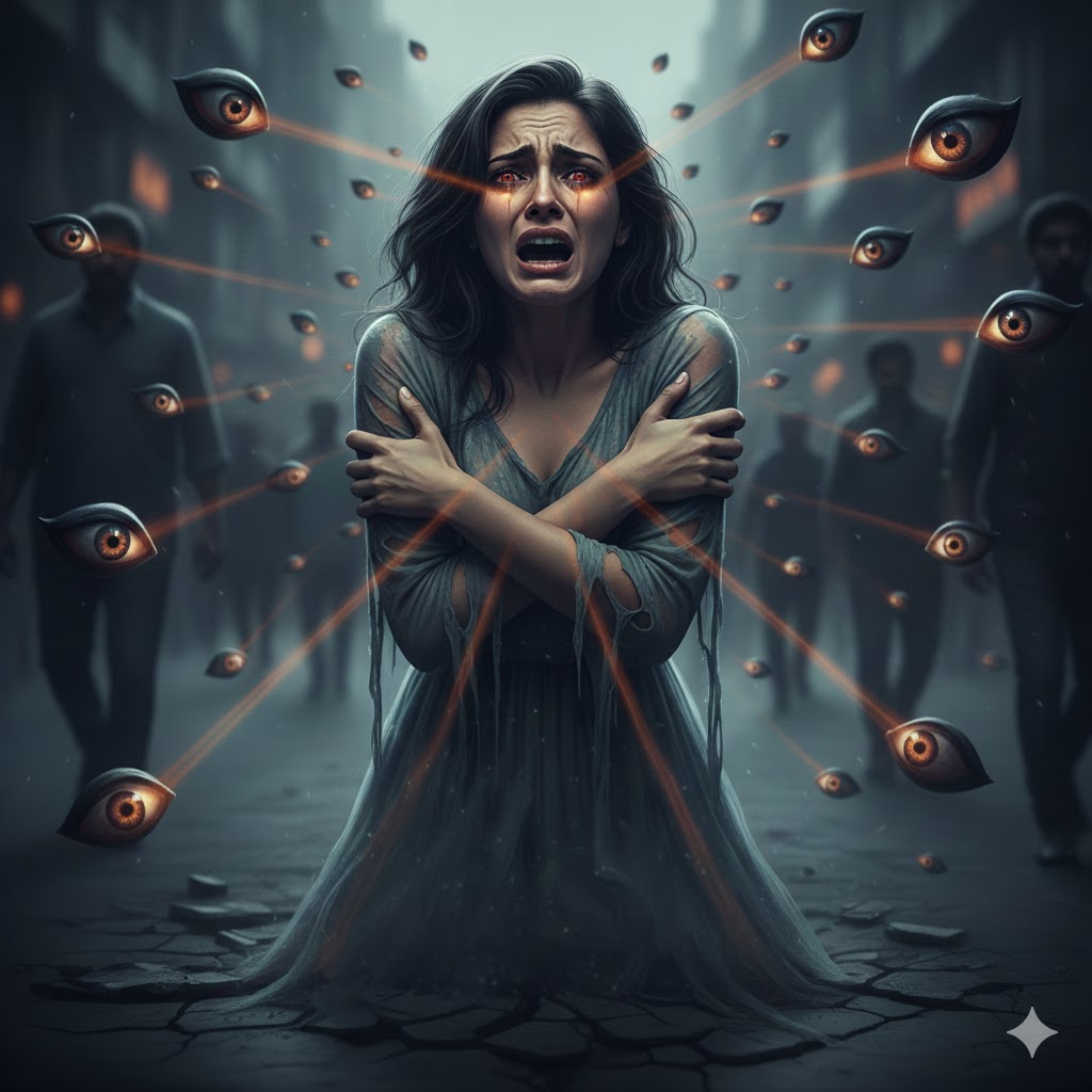 महिला की गरिमा और मानसिक पीड़ा को दर्शाती सशक्त कविता, जिसमें बिना शारीरिक स्पर्श के की गई हिंसक दृष्टि और नजरों के अपराध को शब्दों के माध्यम से उजागर किया गया है.