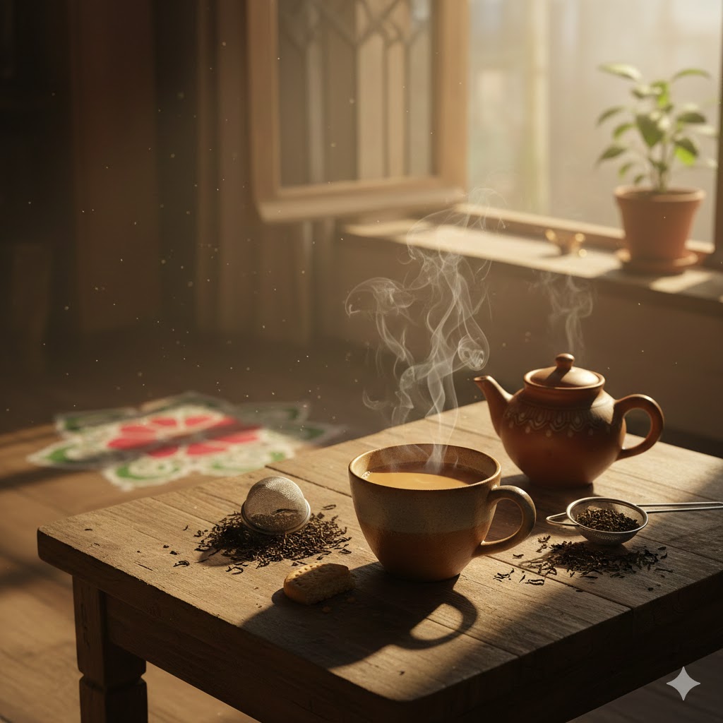 सुबह की रोशनी में लकड़ी की मेज पर रखा गर्म चाय का कप, हल्की भाप उठती हुई, पास में चाय की पत्तियां और शांत वातावरण