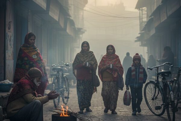 सर्दियों की ठंडी सुबह का यथार्थ दृश्य, हल्की धुंध से ढकी भारतीय गली, शॉल और ऊनी कपड़ों में लिपटे लोग, आग के पास हाथ सेंकते बुजुर्ग, चाय के कप लिए महिलाएं और जैकेट पहने बच्चे.