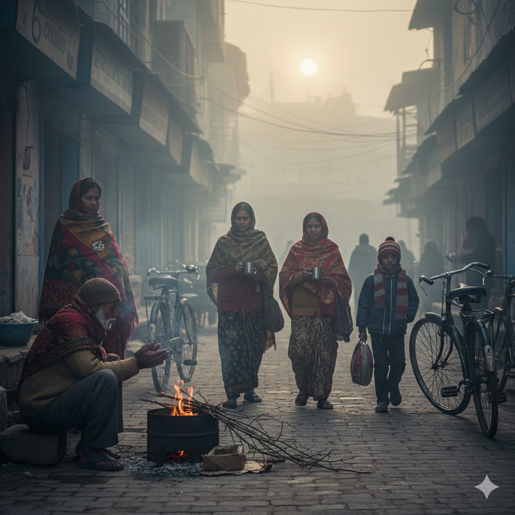 सर्दियों की ठंडी सुबह का यथार्थ दृश्य, हल्की धुंध से ढकी भारतीय गली, शॉल और ऊनी कपड़ों में लिपटे लोग, आग के पास हाथ सेंकते बुजुर्ग, चाय के कप लिए महिलाएं और जैकेट पहने बच्चे.
