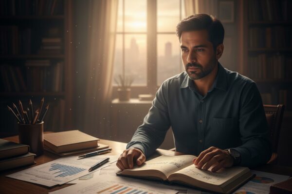 Person sitting in a quiet, dimly lit study, surrounded by papers, charts, and an open diary, contemplating social issues like suicide prevention and mental health, with soft morning light coming through a window symbolizing hope and awareness.