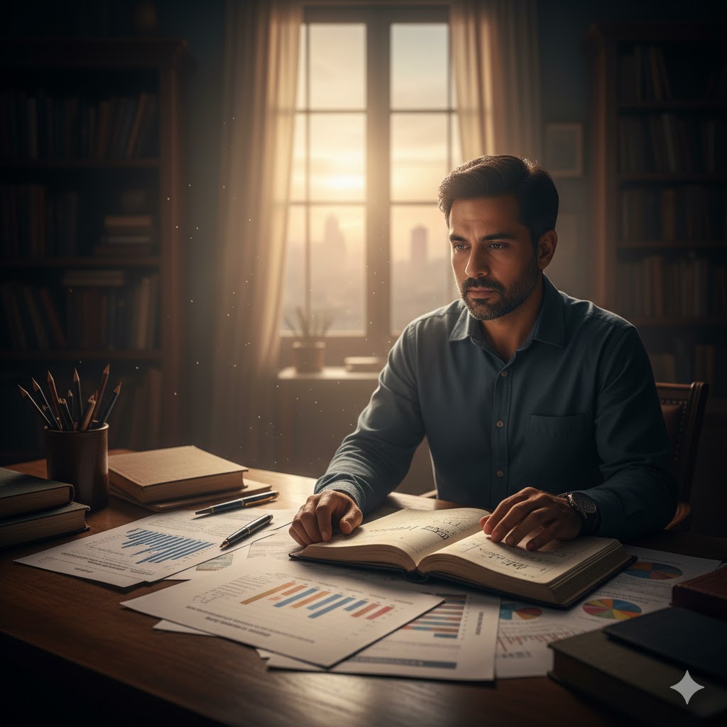 Person sitting in a quiet, dimly lit study, surrounded by papers, charts, and an open diary, contemplating social issues like suicide prevention and mental health, with soft morning light coming through a window symbolizing hope and awareness.