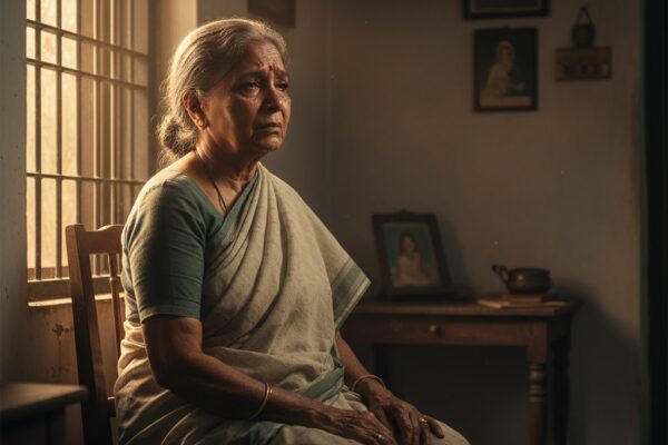 अकेली वृद्ध माँ बैठी हुई, आँखों में आँसू और मन में पीड़ा, सामाजिक उपेक्षा का प्रतीक