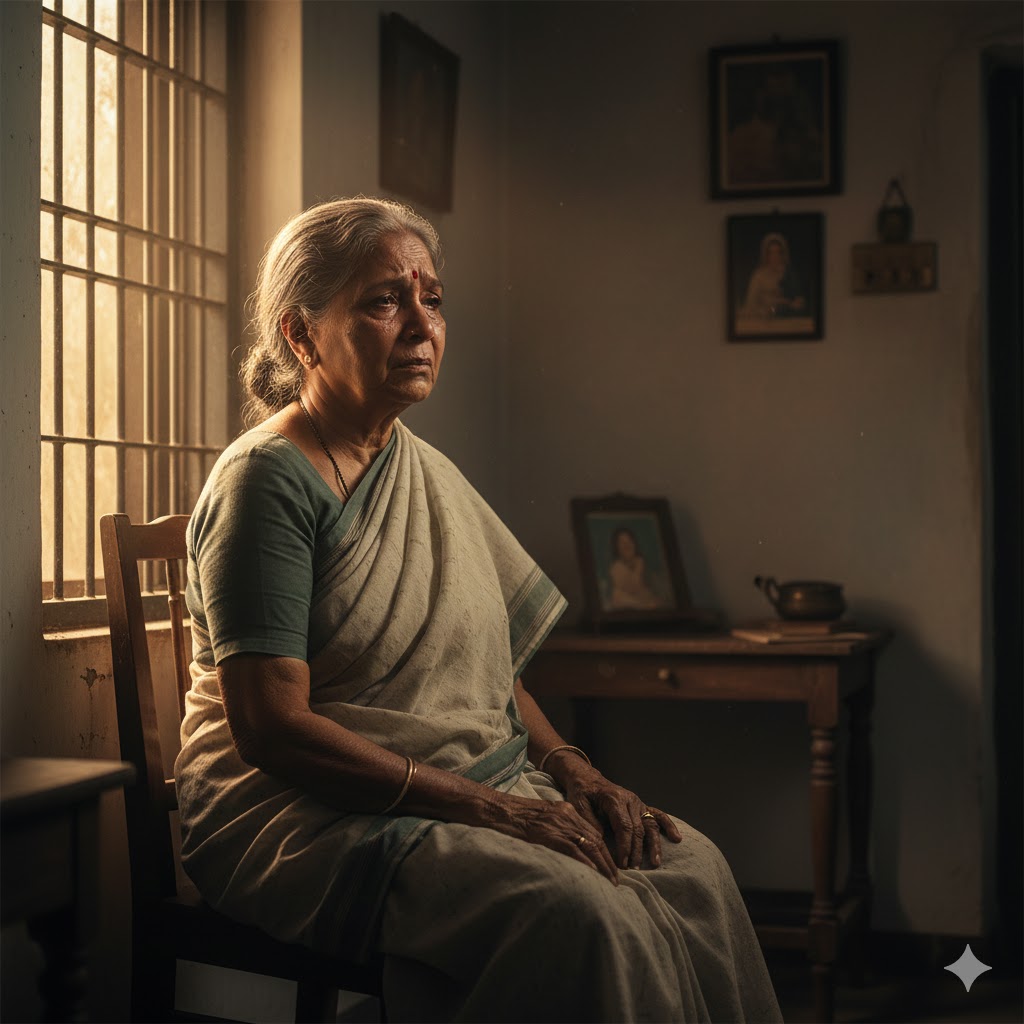 अकेली वृद्ध माँ बैठी हुई, आँखों में आँसू और मन में पीड़ा, सामाजिक उपेक्षा का प्रतीक