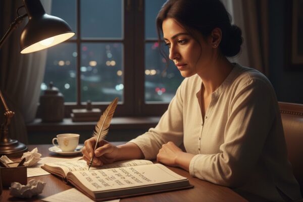 रात के समय खिड़की के पास बैठा एक लेखक, कोरे काग़ज़ पर कलम से भावनाएँ लिखता हुआ