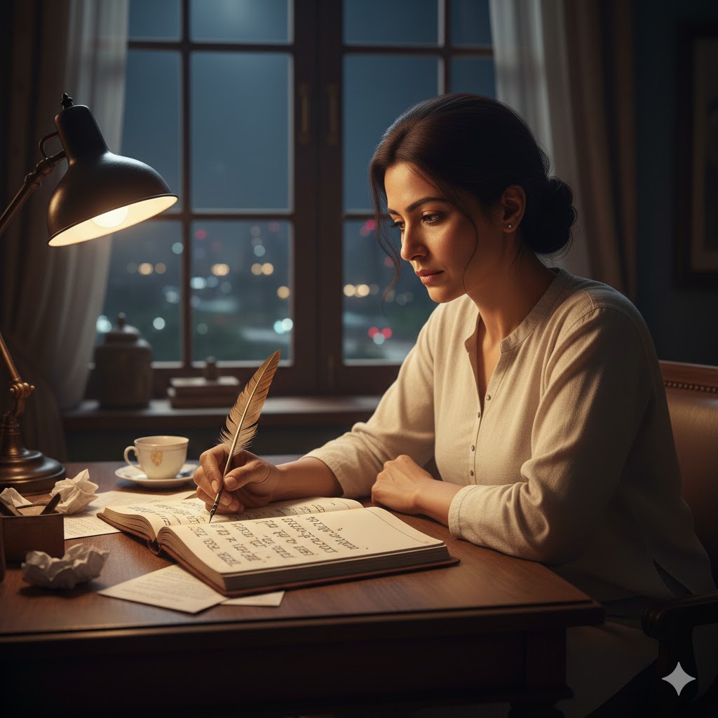 रात के समय खिड़की के पास बैठा एक लेखक, कोरे काग़ज़ पर कलम से भावनाएँ लिखता हुआ
