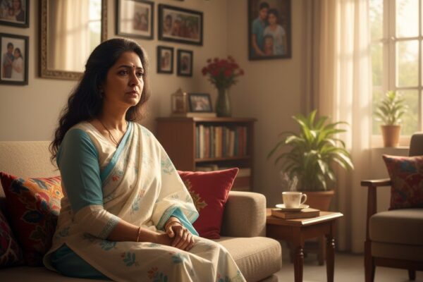 घर के कोने में अकेली बैठी एक भारतीय महिला, शांत लेकिन उदास चेहरा, पास में सजा हुआ घर और दीवार पर टंगी परिवार की तस्वीरें