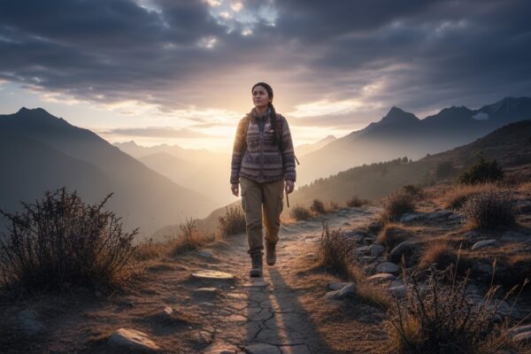 कठिन पहाड़ी रास्ते पर आगे बढ़ता यात्री, संघर्ष और संकल्प का प्रतीक