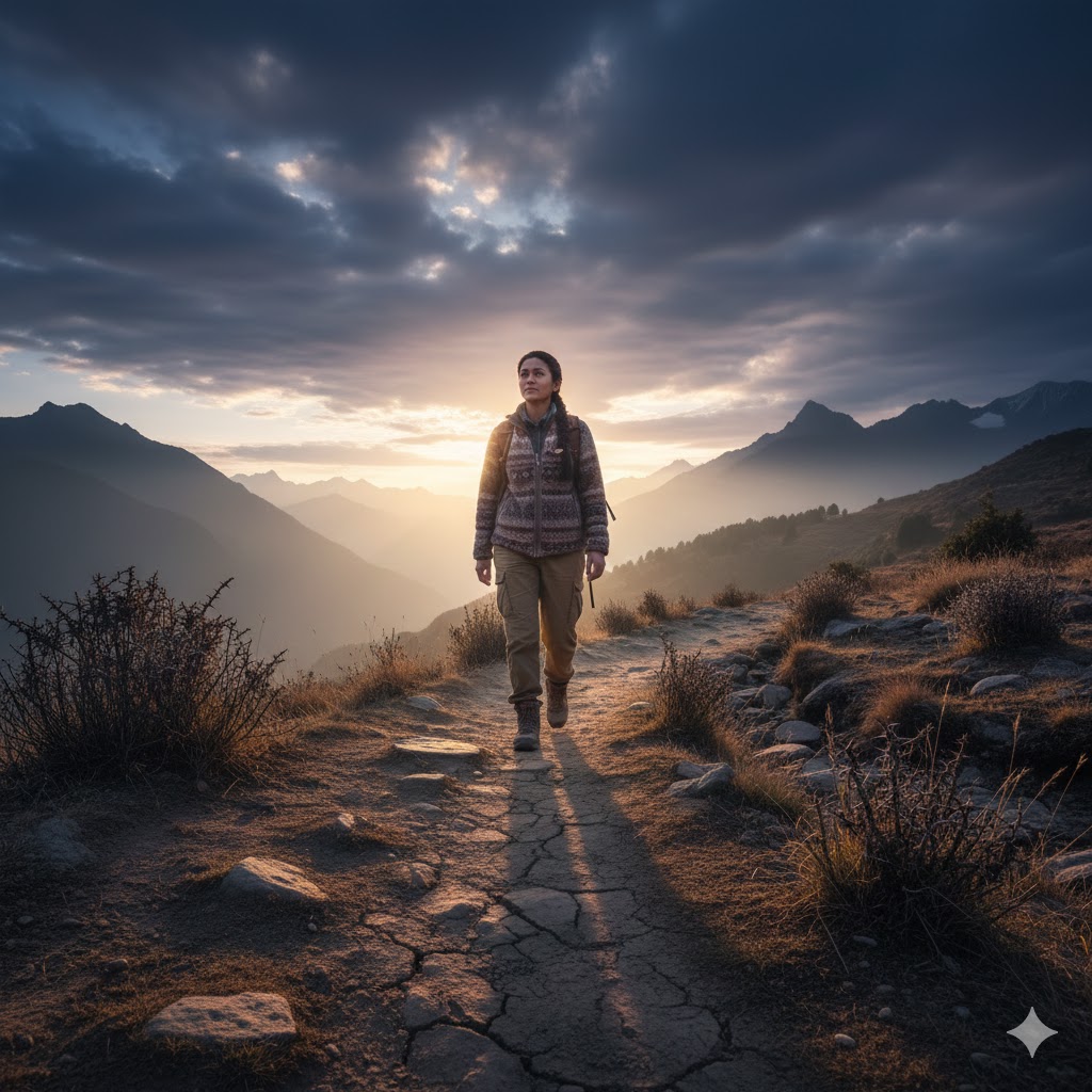 कठिन पहाड़ी रास्ते पर आगे बढ़ता यात्री, संघर्ष और संकल्प का प्रतीक