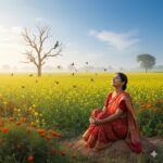 बसंत ऋतु में खिले फूलों, कोयल और भँवरे के बीच प्रकृति सौंदर्य निहारती भारतीय ग्रामीण स्त्री