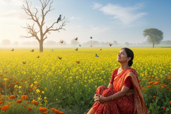 बसंत ऋतु में खिले फूलों, कोयल और भँवरे के बीच प्रकृति सौंदर्य निहारती भारतीय ग्रामीण स्त्री