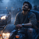 सर्द मौसम में घायल डिलीवरी बॉय टूटी घड़ी देखते हुए बाइक स्टार्ट करता हुआ, चेहरे पर थकी लेकिन व्यंग्यपूर्ण मुस्कान।