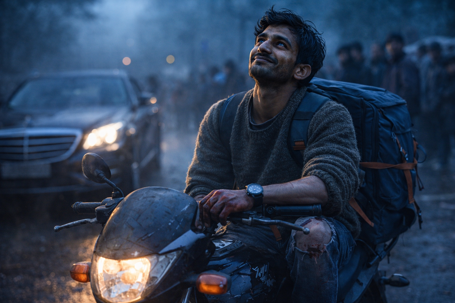 सर्द मौसम में घायल डिलीवरी बॉय टूटी घड़ी देखते हुए बाइक स्टार्ट करता हुआ, चेहरे पर थकी लेकिन व्यंग्यपूर्ण मुस्कान।