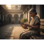 वृद्धाश्रम की बेंच पर अकेली बैठी एक बुजुर्ग महिला, हाथ में माला, चेहरे पर उदासी और आंखों में गहरी सोच, शांत और भावुक वातावरण।