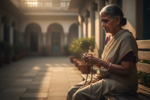 वृद्धाश्रम की बेंच पर अकेली बैठी एक बुजुर्ग महिला, हाथ में माला, चेहरे पर उदासी और आंखों में गहरी सोच, शांत और भावुक वातावरण।