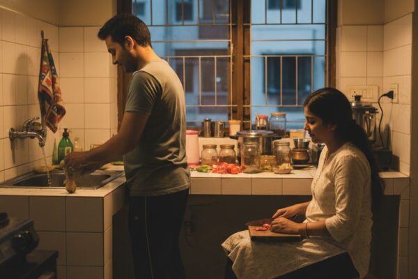 रसोई में साथ मिलकर काम करते हुए भारतीय दंपति, रोज़मर्रा की ज़िंदगी में आधुनिक प्रेम और कोरमांस का दृश्य