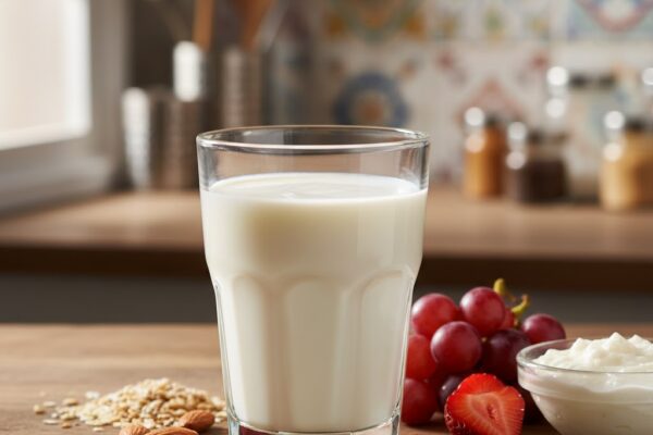 गिलास में ताजा सफेद दूध, पास में फल और अनाज, स्वास्थ्यवर्धक आहार का दृश्य