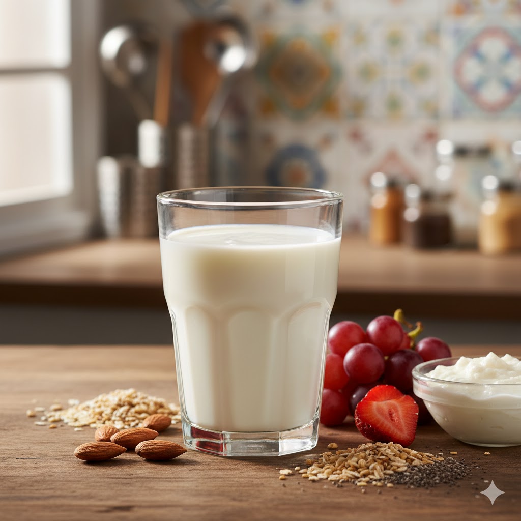 गिलास में ताजा सफेद दूध, पास में फल और अनाज, स्वास्थ्यवर्धक आहार का दृश्य
