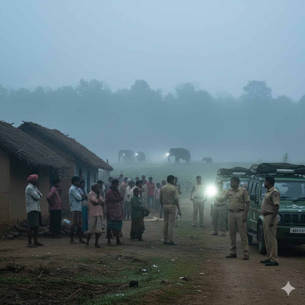 पश्चिमी सिंहभूम के गांव के पास जंगल किनारे खड़े हाथियों का झुंड और सतर्क ग्रामीण