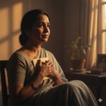 एक उदास महिला खिड़की के पास बैठी है, आंखों में आँसू, हाथ में पुरानी चिट्ठी, धुंधली रोशनी में प्रेम और विरह की भावना झलकती हुई।