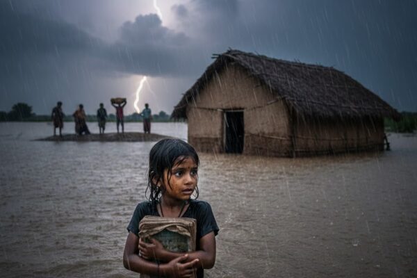 बाढ़ से डूबता गांव और हाथ में किताब लिए खड़ी उदास बच्ची
