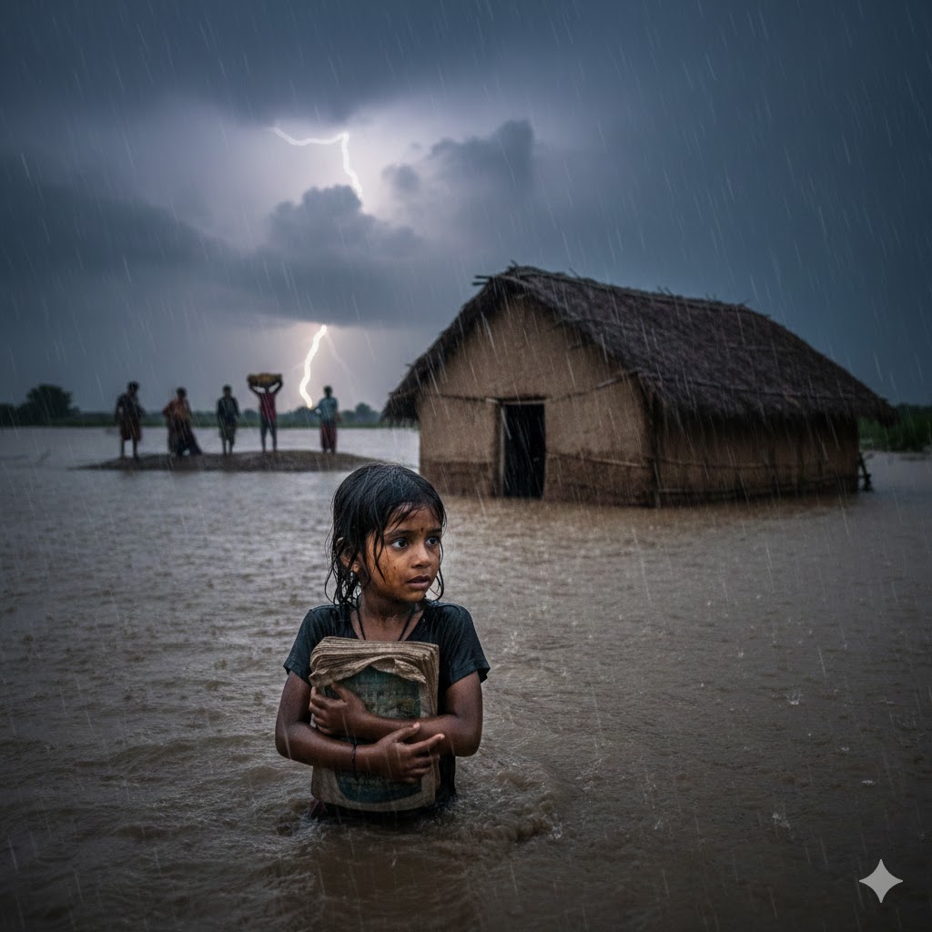 बाढ़ से डूबता गांव और हाथ में किताब लिए खड़ी उदास बच्ची