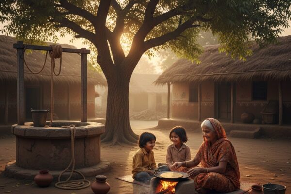 नानी के गाँव में चूल्हे पर रोटी बनाती दादी और नीम की छाँव में खेलते बच्चे