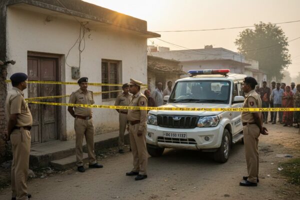 डिंडौरी के ग्रामीण क्षेत्र में एक घर के बाहर तैनात पुलिसकर्मी और लगी पुलिस टेप, जांच के दौरान खड़ी पुलिस गाड़ी और आसपास जुटे स्थानीय लोग.