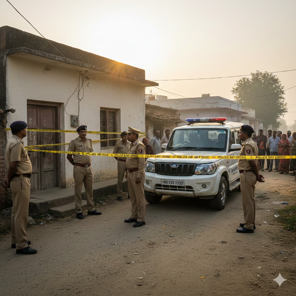 डिंडौरी के ग्रामीण क्षेत्र में एक घर के बाहर तैनात पुलिसकर्मी और लगी पुलिस टेप, जांच के दौरान खड़ी पुलिस गाड़ी और आसपास जुटे स्थानीय लोग.