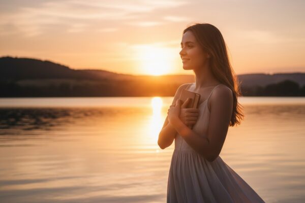 सूर्यास्त की हल्की सुनहरी रोशनी में खड़ा एक युवा दर्पण में मुस्कुराते हुए स्वयं को निहारता हुआ, प्रेम और आत्मविश्वास का प्रतीक