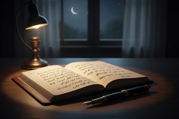 चाँदनी रात में डायरी पर लिखी प्रेम ग़ज़ल, पास में रखा फाउंटेन पेन और हल्की रोशनी