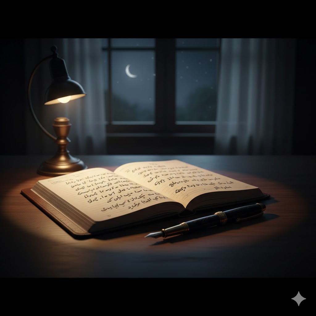 चाँदनी रात में डायरी पर लिखी प्रेम ग़ज़ल, पास में रखा फाउंटेन पेन और हल्की रोशनी