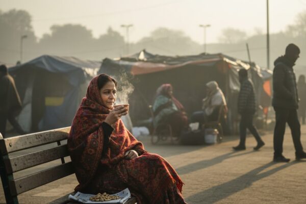 जनवरी की धूप में चाय पीते हुए आत्मचिंतन करती महिला, सर्दी और मानवीय संवेदना का दृश्य