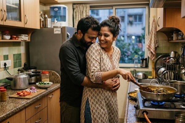 घर की रसोई में साथ खाना बनाते और मुस्कुराते आधुनिक भारतीय कपल, साझा जिम्मेदारियों और कोरमांस की भावना को दर्शाता दृश्य।