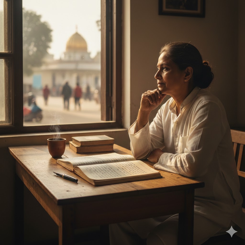 खिड़की के पास बैठा लेखक, वैचारिक लेखन में डूबा हुआ दृश्य