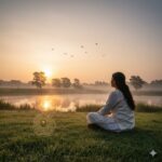 प्रकृति के बीच अकेली स्त्री, घास पर बैठी आसमान की ओर देखती हुई, आत्मचिंतन का शांत दृश्य