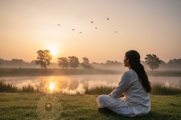 प्रकृति के बीच अकेली स्त्री, घास पर बैठी आसमान की ओर देखती हुई, आत्मचिंतन का शांत दृश्य