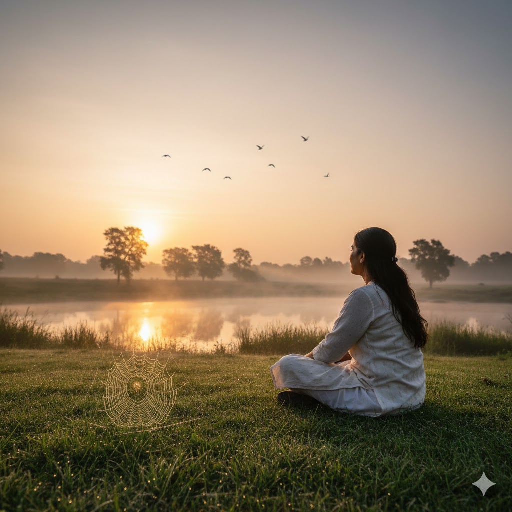 प्रकृति के बीच अकेली स्त्री, घास पर बैठी आसमान की ओर देखती हुई, आत्मचिंतन का शांत दृश्य
