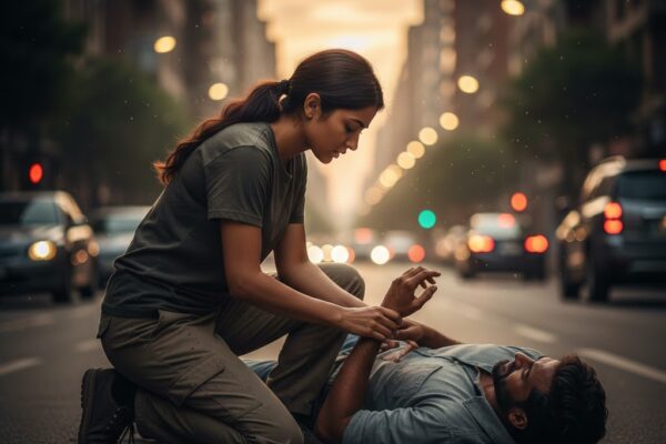 सड़क पर घायल व्यक्ति की मदद करता हुआ संवेदनशील इंसान