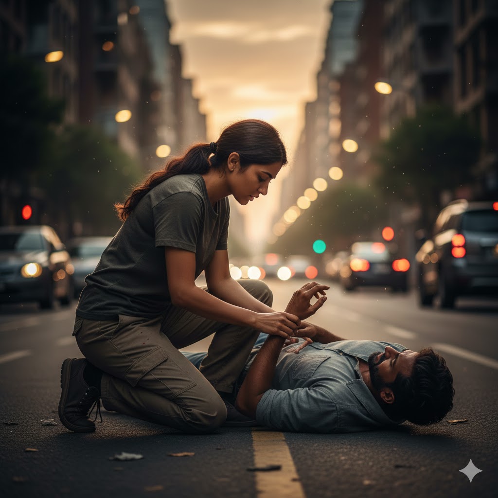 सड़क पर घायल व्यक्ति की मदद करता हुआ संवेदनशील इंसान