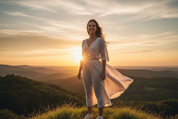 मुस्कुराता हुआ व्यक्ति सूर्योदय की रोशनी में खड़ा, जीवन में सकारात्मक सोच और उम्मीद का प्रतीक