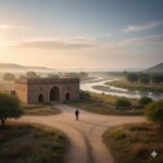 सूर्योदय के समय जीवन-यात्रा का प्रतीक एक राहगीर और प्राचीन सराय का दृश्य