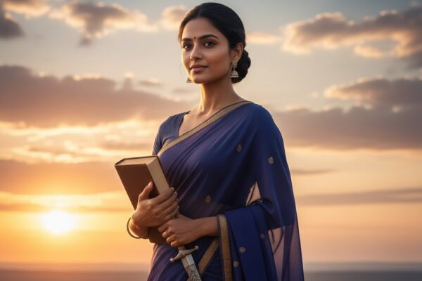 एक आत्मविश्वासी भारतीय महिला खुले आकाश के नीचे खड़ी है, एक हाथ में किताब और दूसरे में तलवार का प्रतीकात्मक रूप, चेहरे पर दृढ़ता और गरिमा का भाव।