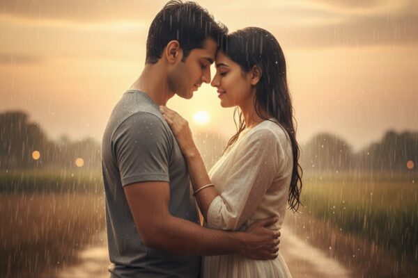 हल्की बारिश में सूर्यास्त के समय खड़े प्रेमी युगल का भावनात्मक दृश्य