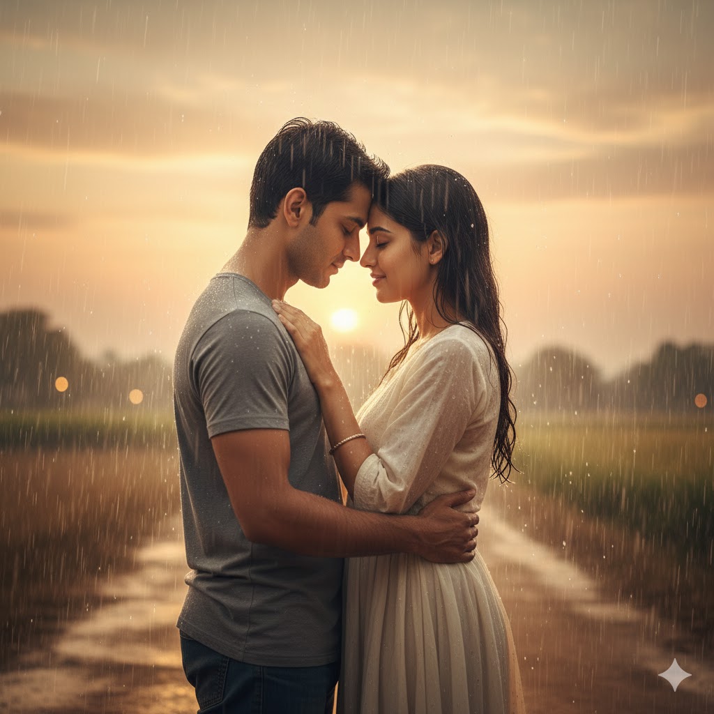 हल्की बारिश में सूर्यास्त के समय खड़े प्रेमी युगल का भावनात्मक दृश्य
