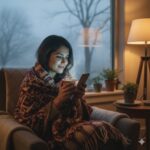 ठंडी शाम में चाय के साथ पुरानी यादों में खोई महिला, मोबाइल स्क्रीन पर दोस्त से बातचीत