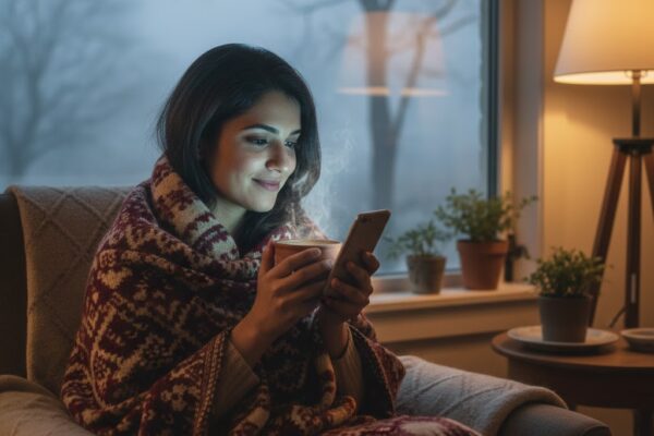 ठंडी शाम में चाय के साथ पुरानी यादों में खोई महिला, मोबाइल स्क्रीन पर दोस्त से बातचीत